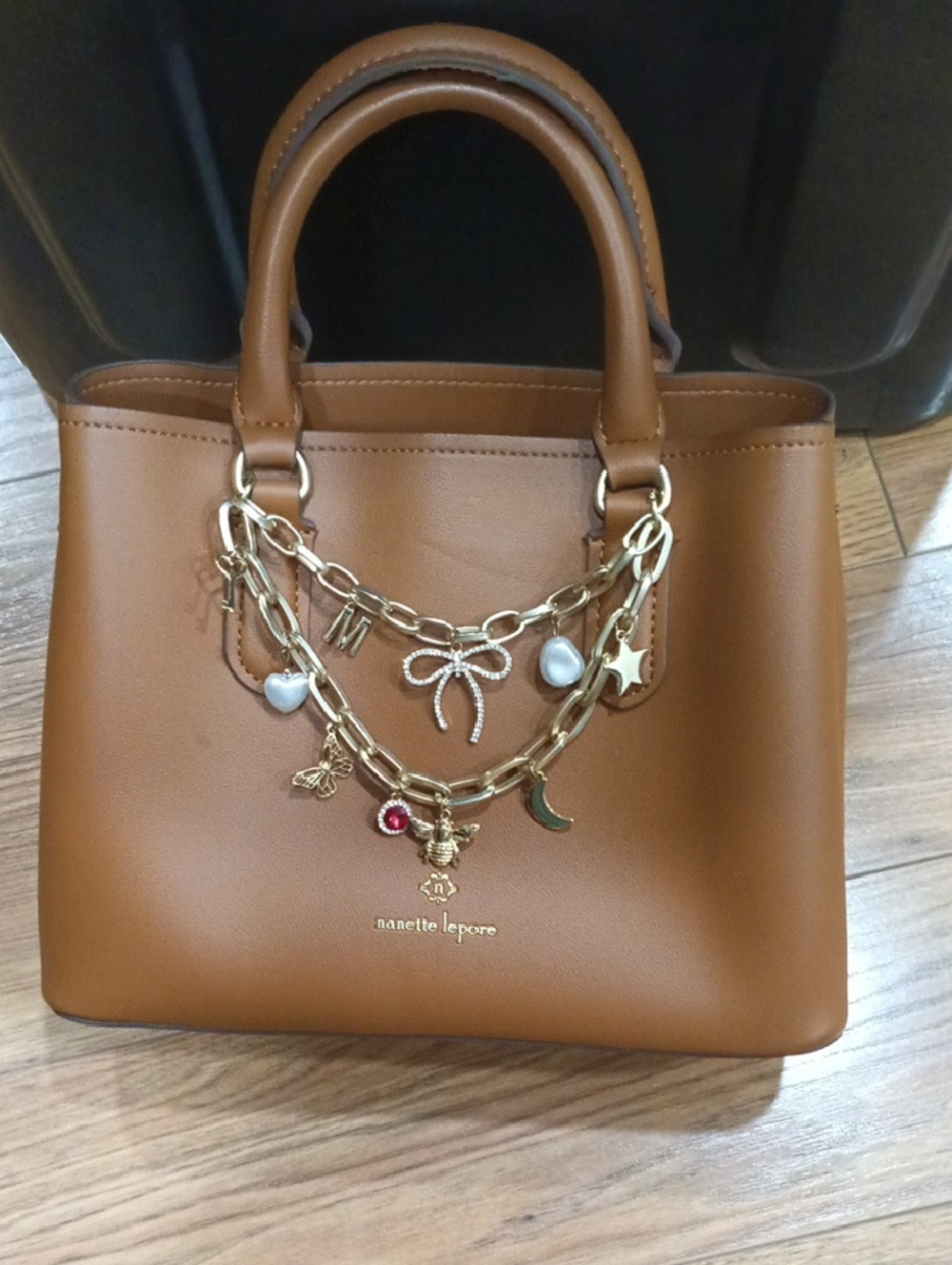 Nanette Lepore Brown Satchel with Gold Charm Chain